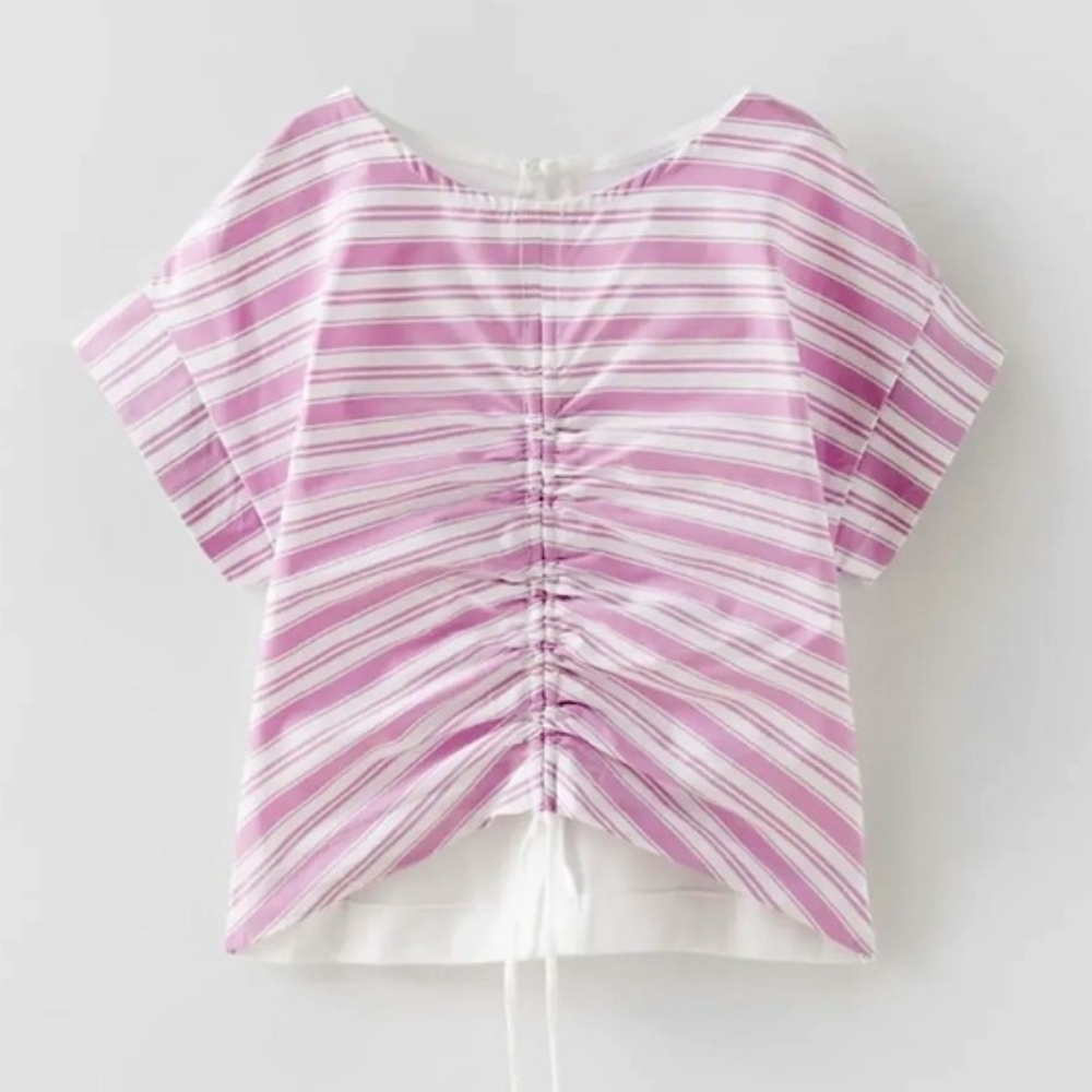 Zara | Elasticized Purple + White Striped Short Sleeved Top